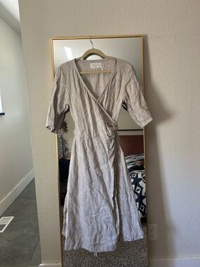 Pavietra Neutral linen Wrap Midi Dress with V-Neck and Tie Waist